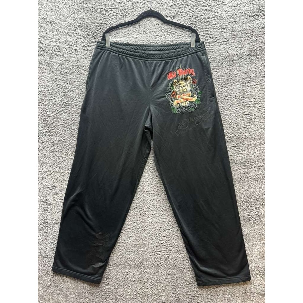 Y2k Ed Hardy Christian‎ Audigier Embroidered Sport Sweatpants Black Mens Size XL